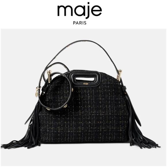 maje Handbags - NWT MAJE Black Gold Metallic Tweed Crossbody Shoulder Bag Purse Leather Tassel
